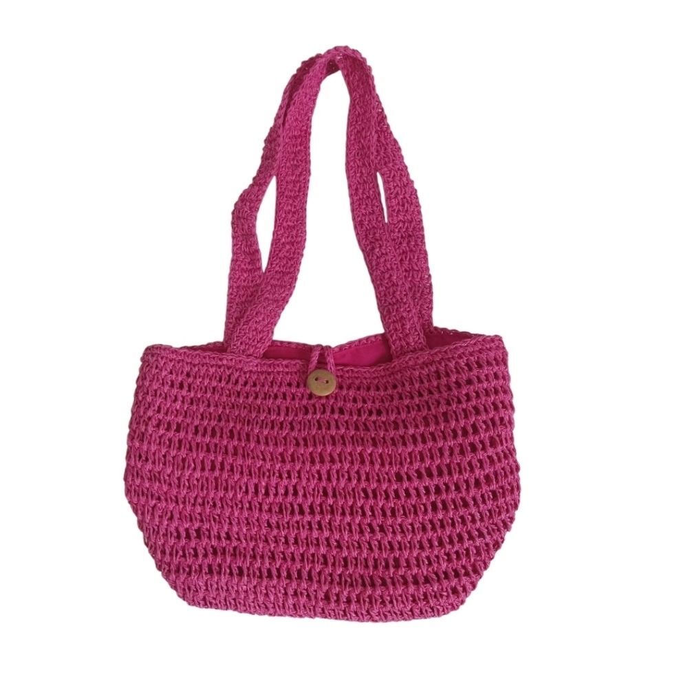 Pink Lightweight Paper Straw Crochet Wooden Button Closure Women's Shoulder Bag